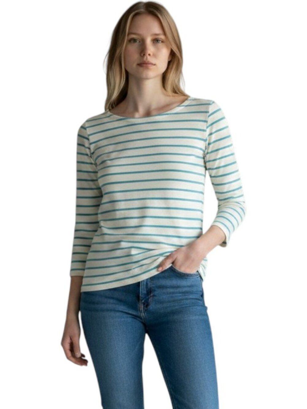 J.Crew Striped 3/4 Sleeve Boat Neck Breton Fitted Top Teal White Women XXS